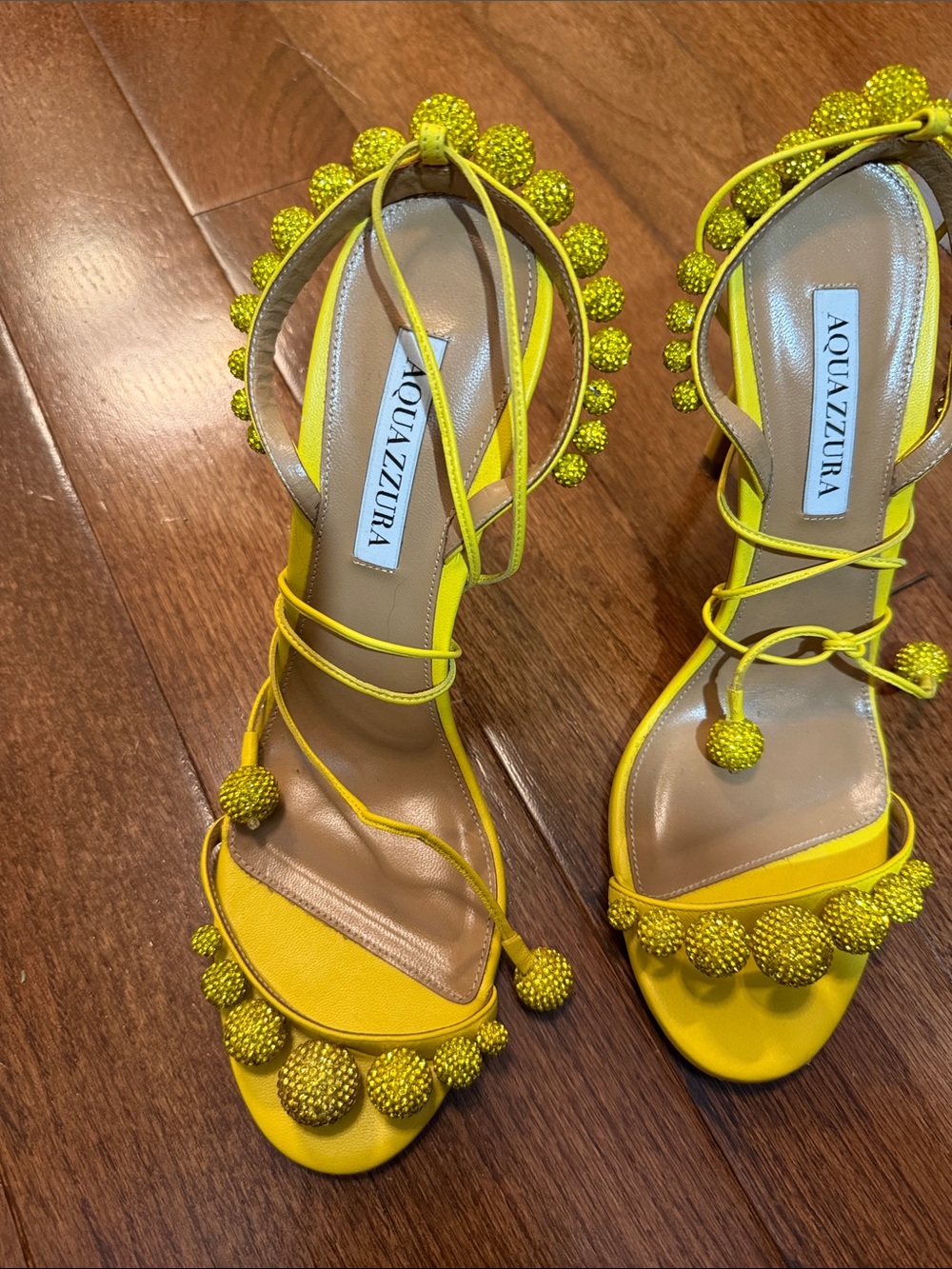 Aquazzura Yellow Pom-Pom Lace-Up Heels - Picture 3 of 7